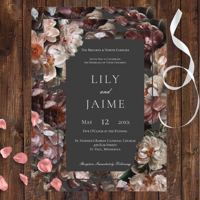 Boho Dark Peony flora invitación a la boda moderna (Subido por el creador)