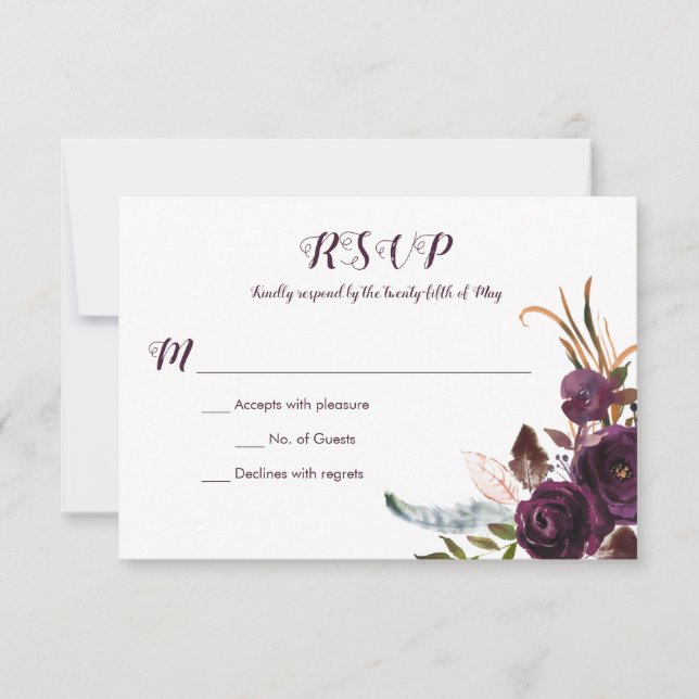Boho de Floral Púrpura Oscura Boda Caída RSVP (Anverso)