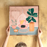 Boho decoración acogedora del salón planta y gato<br><div class="desc">Boho acogedor salón decorado con una planta y un ilustracion de gatos con una rústica y bonita silla,  una pared de macrame colgada.</div>