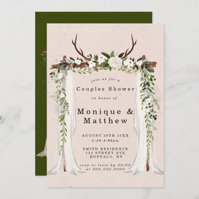 Boho Deer Antlers Parejas Canopy Invitación a la d (Anverso / Reverso)