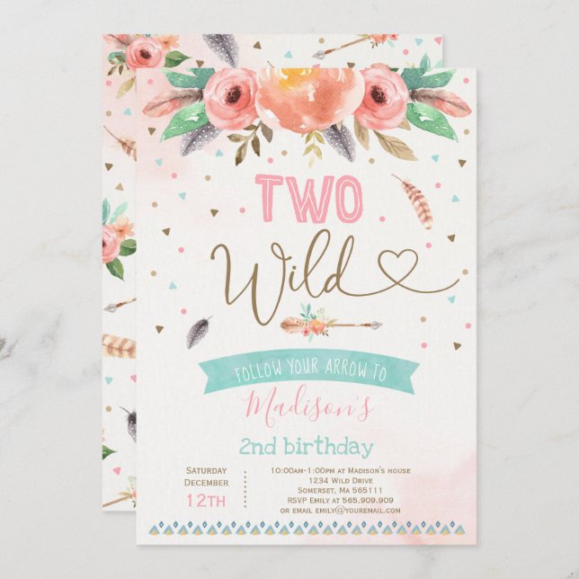 Boho Dos Invitación Salvaje al Cumpleaños Watercol (Anverso / Reverso)