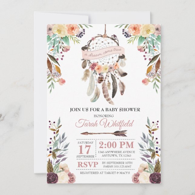 Boho Dream Catcher Dusky Invitación Baby Shower (Anverso)