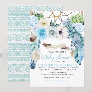 Boho Dreamcatcher Blue Baby Shower Invitación
