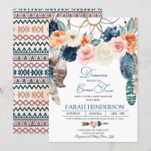 Boho Dreamcatcher Blue Baby Shower Invitación