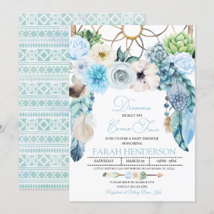 Boho Dreamcatcher Blue Baby Shower Invitación