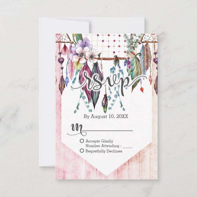 Boho Dreamcatcher & Feathers Pink Wedding RSVP (Anverso)