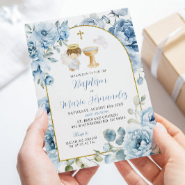 Boho Dusty Blue Floral Boy Baptism Invitación