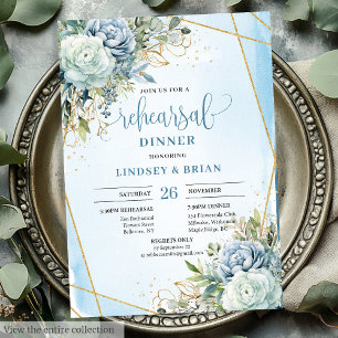Boho Dusty Blue Floral Gold Frame Invitación a cen
