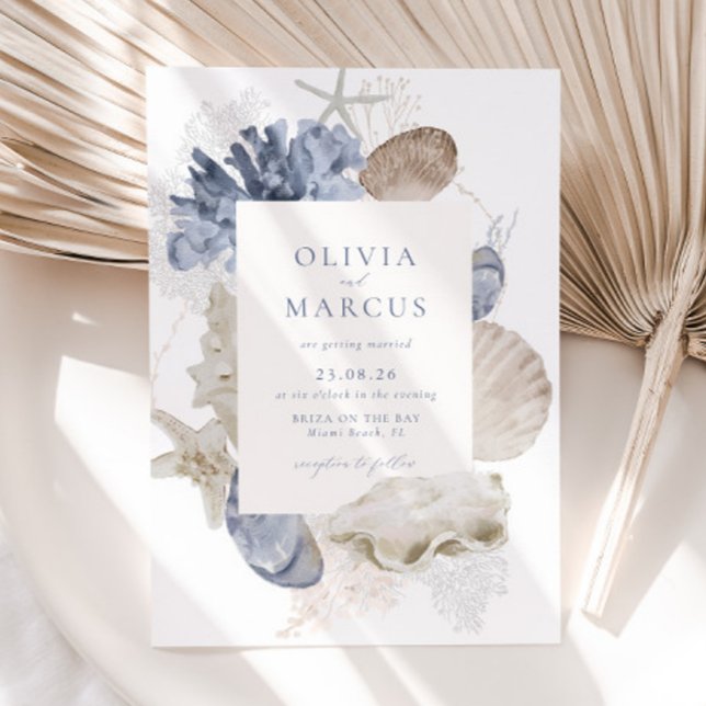 Boho Elegant Frame Beach Invitación a la Boda Azul (Front)