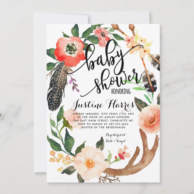 Boho empluma la invitación de Baby Shower (Anverso)