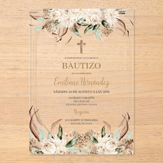 Boho Español Bautismo Invitación Acrílica Floral (Anverso)