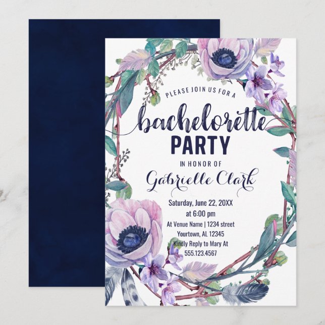 Boho Feather Bachelorette Party Invitación (Anverso / Reverso)