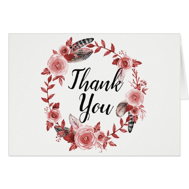 Boho Feather Burgundy Rosa Wreath Boda Gracias (Anverso (Horizontal))