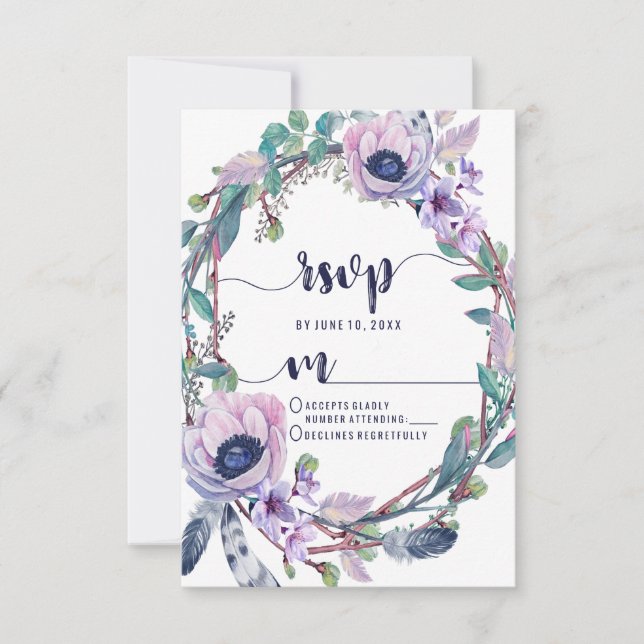 Boho Feather & Floral Wreath Wedding Respuesta RSV (Anverso)