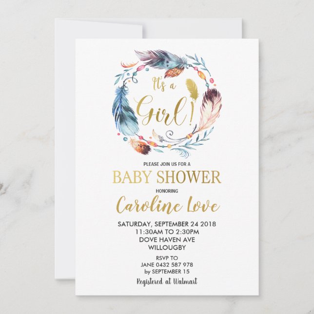 Boho Feather Wreath Chica de la invitación a Baby  (Anverso)