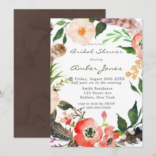 Boho Feathers Red Poppy Bridal Shower Invitación (Anverso / Reverso)