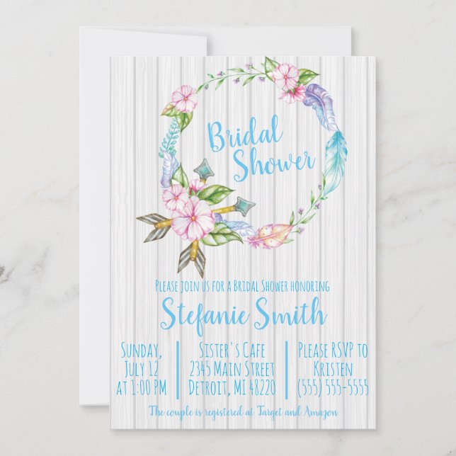 Boho Feathers Wreath Bridal Shower Invitación (Anverso)