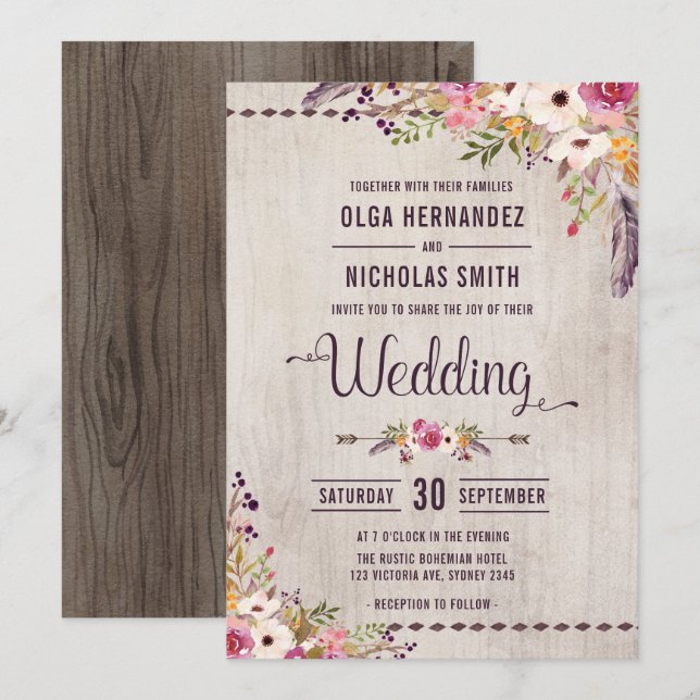Boho Fiesta de la invitación a la boda floral de m (Anverso / Reverso)