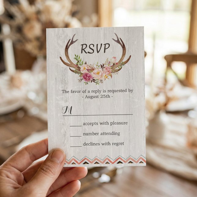 Boho Floral Antler Rustic White Wood Wedding RSVP (Subido por el creador)