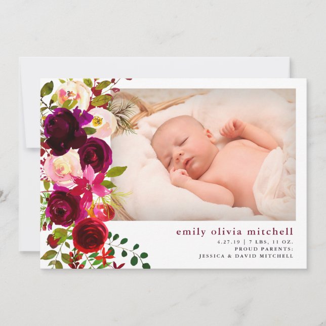 Boho Floral | Anuncio de nacimiento fotográfico de (Anverso)