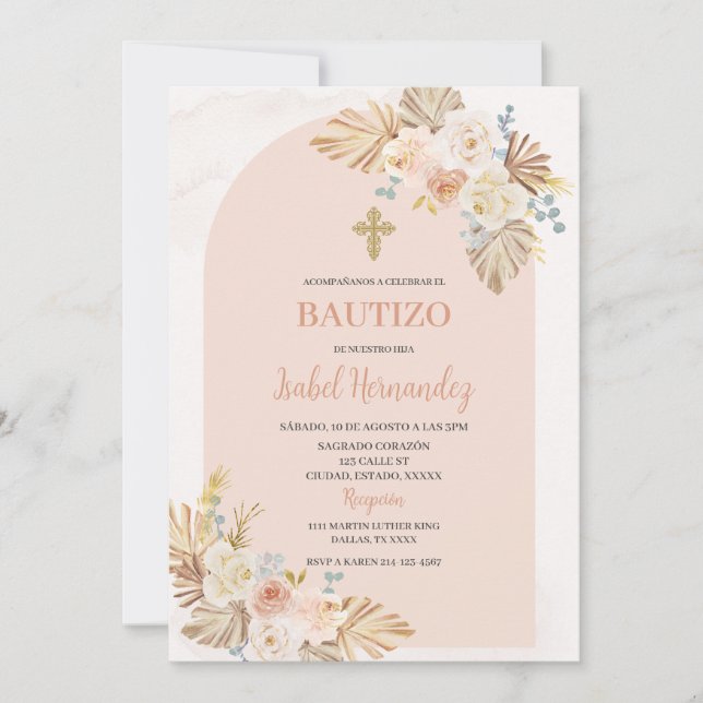 Boho Floral Bautizo Invitación española (Anverso)