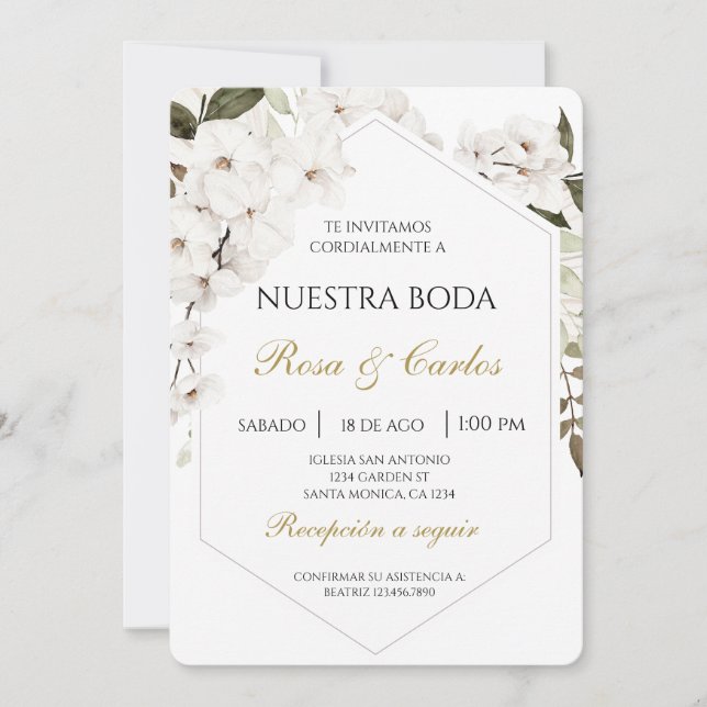 Boho floral blanco Invitación a la boda española (Anverso)