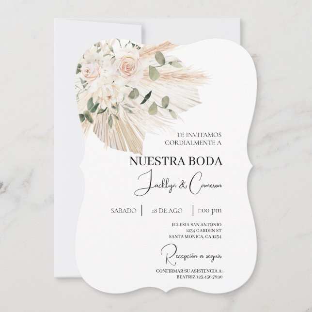 Boho floral blanco Invitación a la boda española (Anverso)