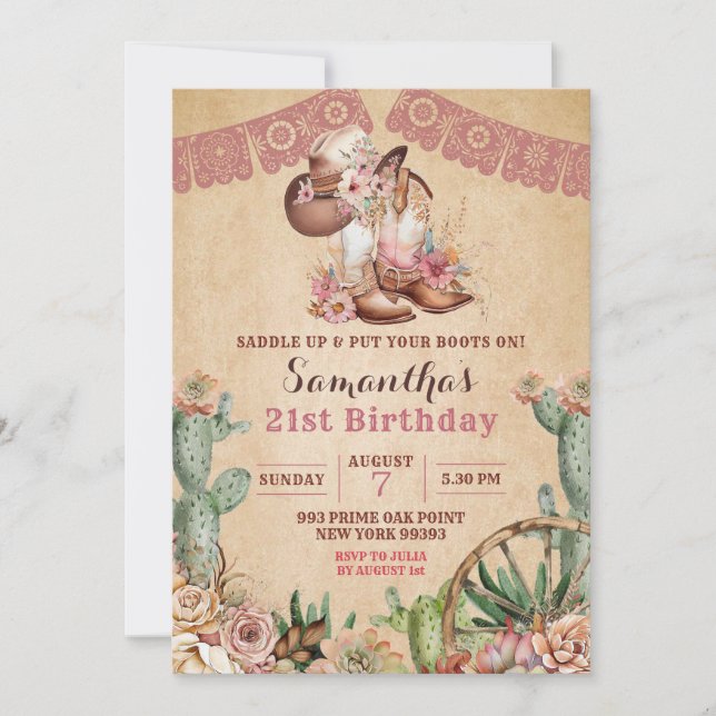 Boho Floral Boots Invitación al cumpleaños de Cowg (Anverso)