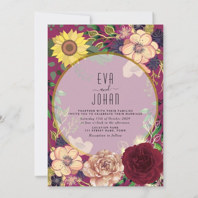 Boho Floral Borgoña Invitación a la Boda Rosa (Anverso)