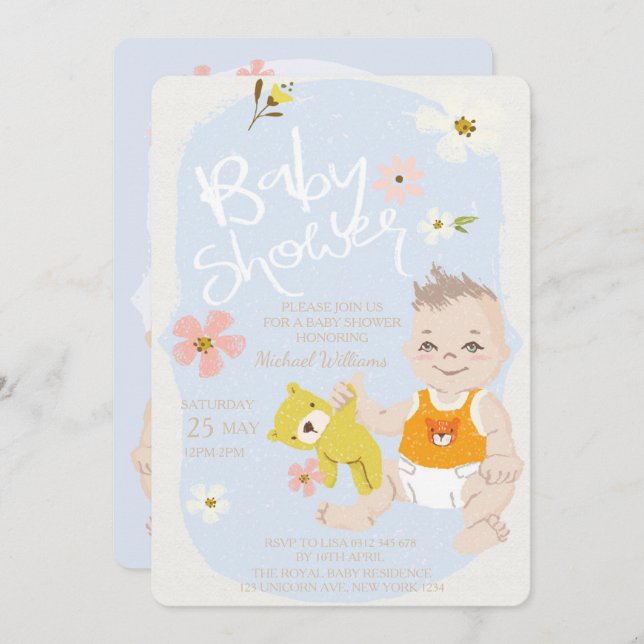 Boho Floral Boy Invitación Baby Shower Azul (Anverso / Reverso)