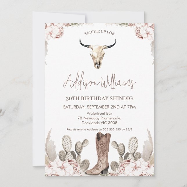 Boho Floral Cactus Rodeo Invitación a cumplir 30 a (Anverso)