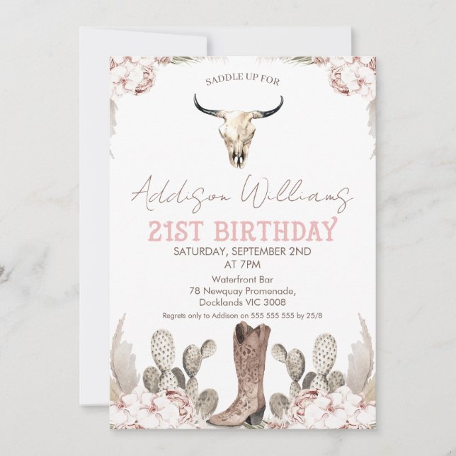 Boho Floral Cactus Rodeo Invitación de cumpleaños  (Anverso)