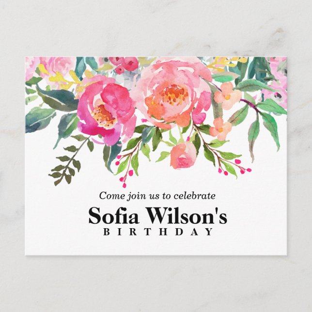 boho floral, cumpleaños de flores Invitación posta (Anverso)