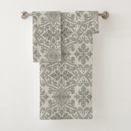 Boho Floral Damask Line Art, Black on Beige