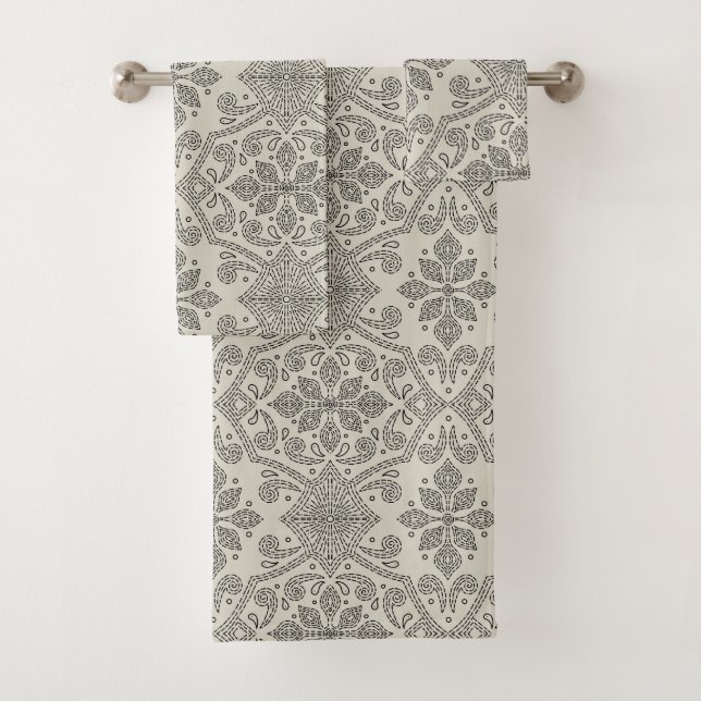 Boho Floral Damask Line Art, Black on Beige (In situ)