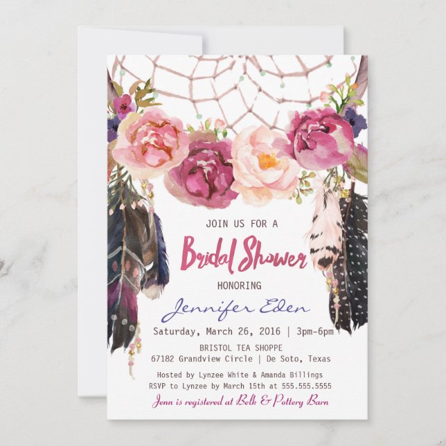 Boho Floral Dreamcatcher Bridal Shower Invitación (Anverso)
