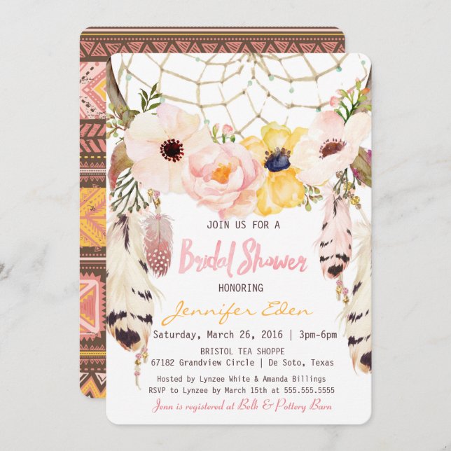 Boho Floral Dreamcatcher Bridal Shower Invitación (Anverso / Reverso)