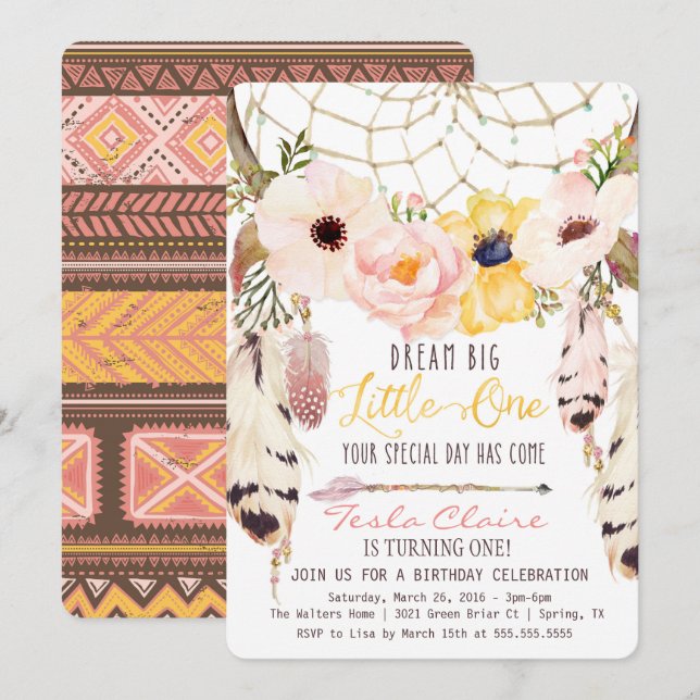 Boho Floral Dreamcatcher Primer Día de Invitación (Anverso / Reverso)