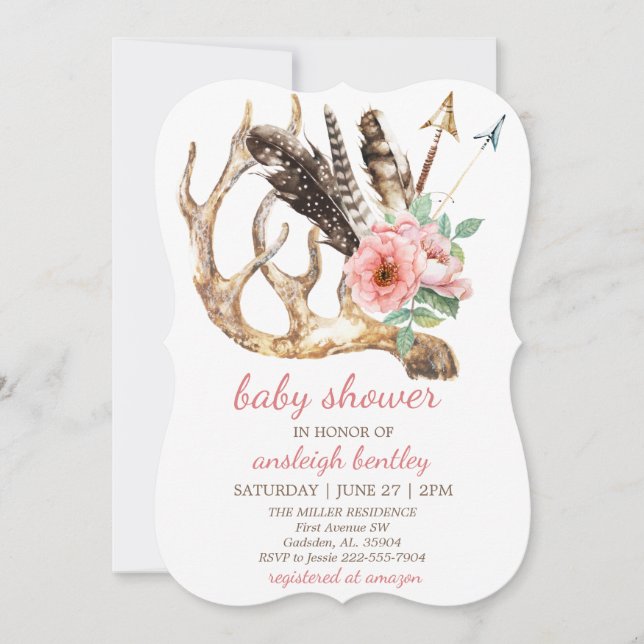 Boho floral e invitación de Baby Shower de la asta (Anverso)