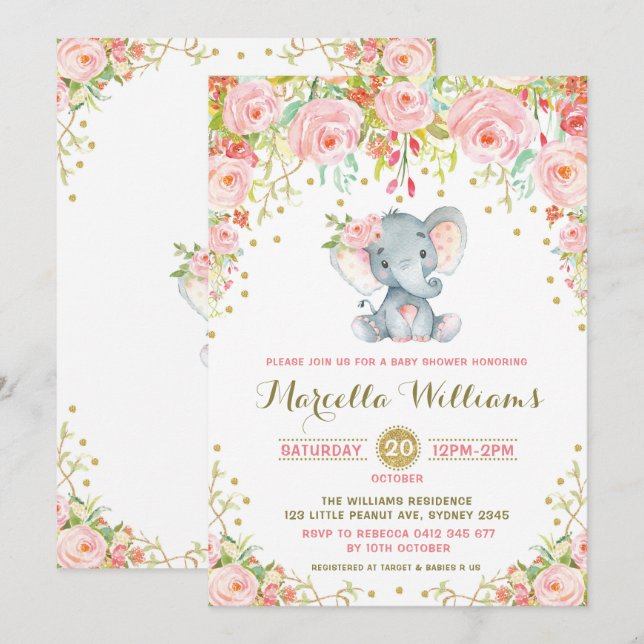 Boho Floral Elephant Invitación Baby Shower rosa (Anverso / Reverso)