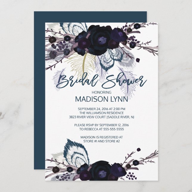 Boho Floral Feather Bridal Shower Invitación (Anverso / Reverso)