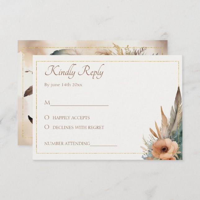 Boho Floral Feather Dreamcatcher Wedding RSVP (Anverso / Reverso)