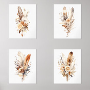 Boho Floral Fethers Beige Brown Wall Art Set