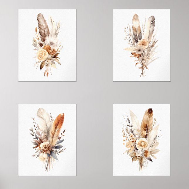Boho Floral Fethers Beige Brown Wall Art Set (Anverso)