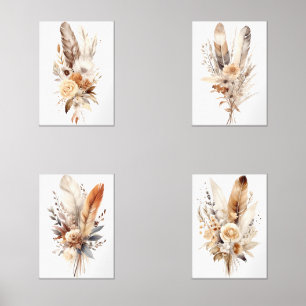 Boho Floral Fethers Beige Brown Wall Art Set