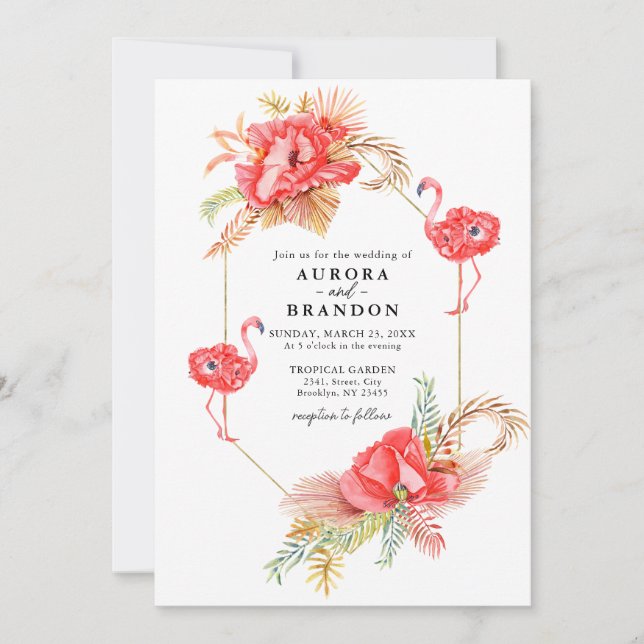 Boho Floral Gold Frame Flamingo Wedding Invitación (Anverso)