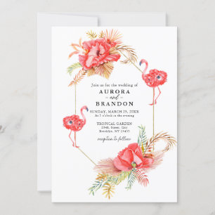 Boho Floral Gold Frame Flamingo Wedding Invitación