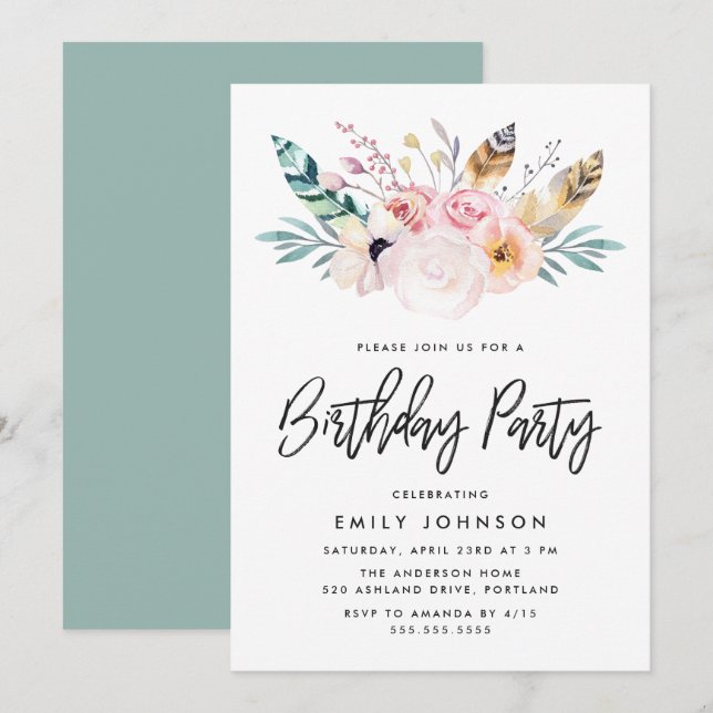 Boho Floral | Invitación a la fiesta de cumpleaños (Anverso / Reverso)