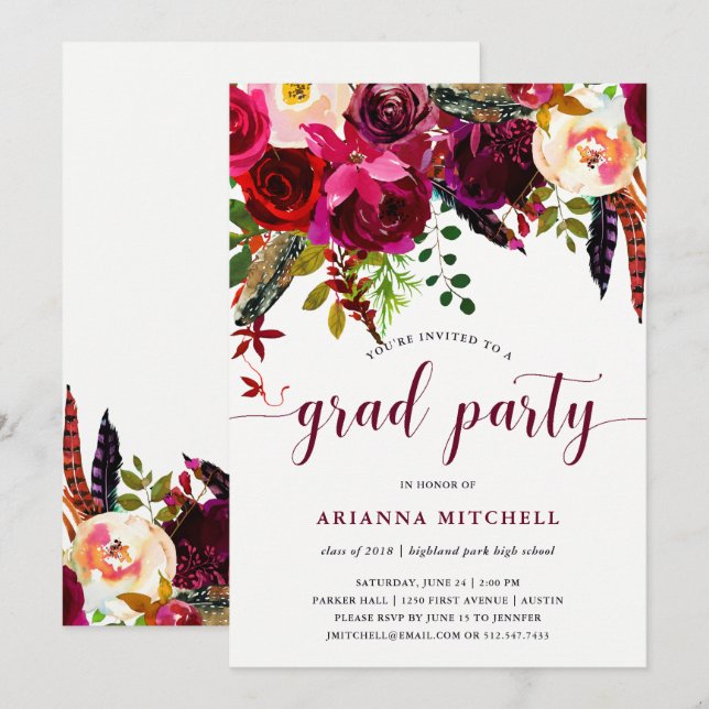 Boho Floral | Invitación a la fiesta de graduación (Anverso / Reverso)