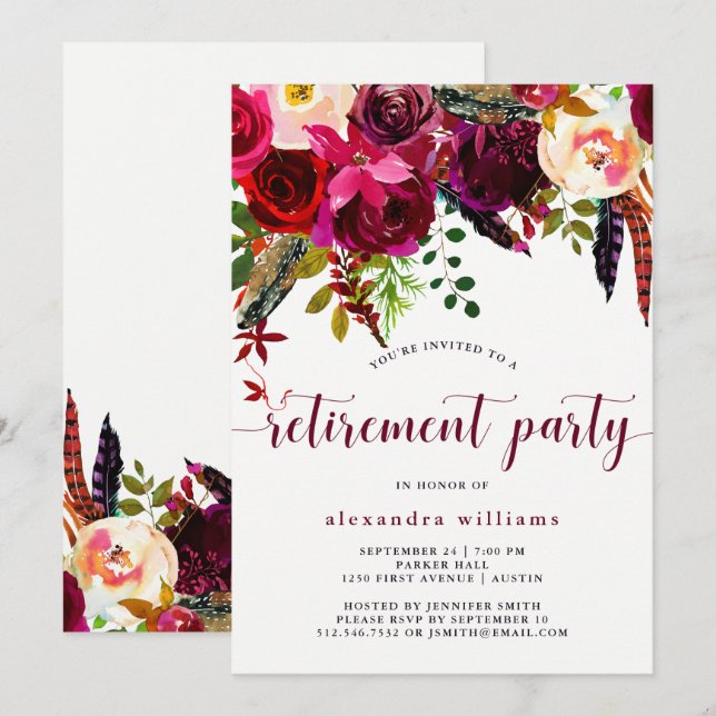 Boho Floral| Invitación a la fiesta de jubilación (Anverso / Reverso)